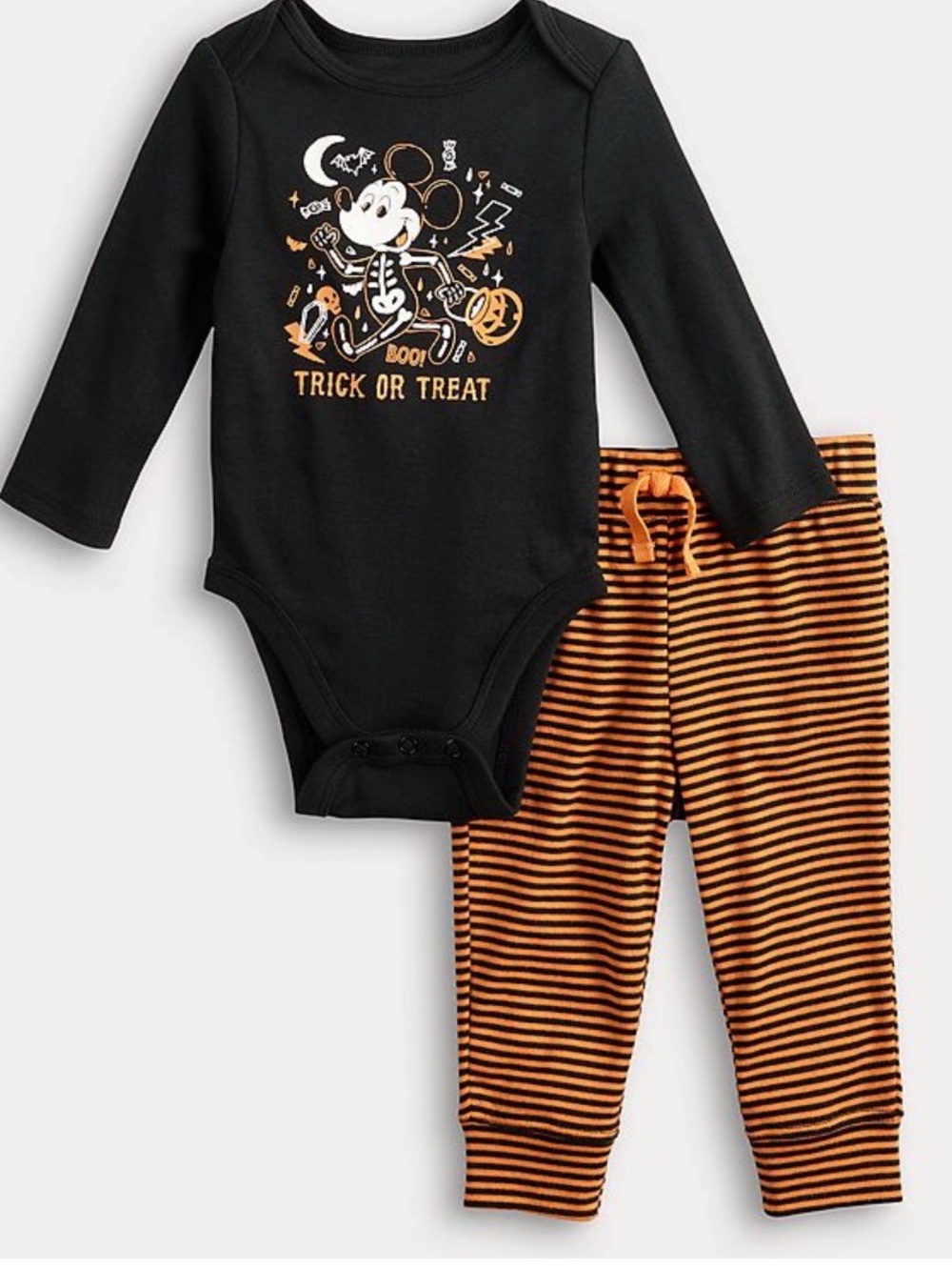 Kids' Halloween Skeleton Mouse Bodysuit & Stripe Pants Set - Black & Orange